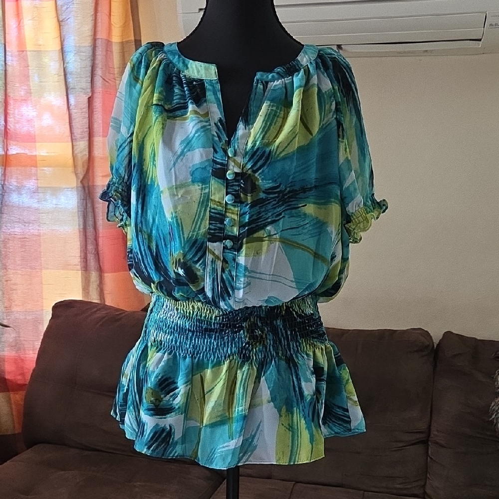 Worthington Blue and Green Smocked Blouse